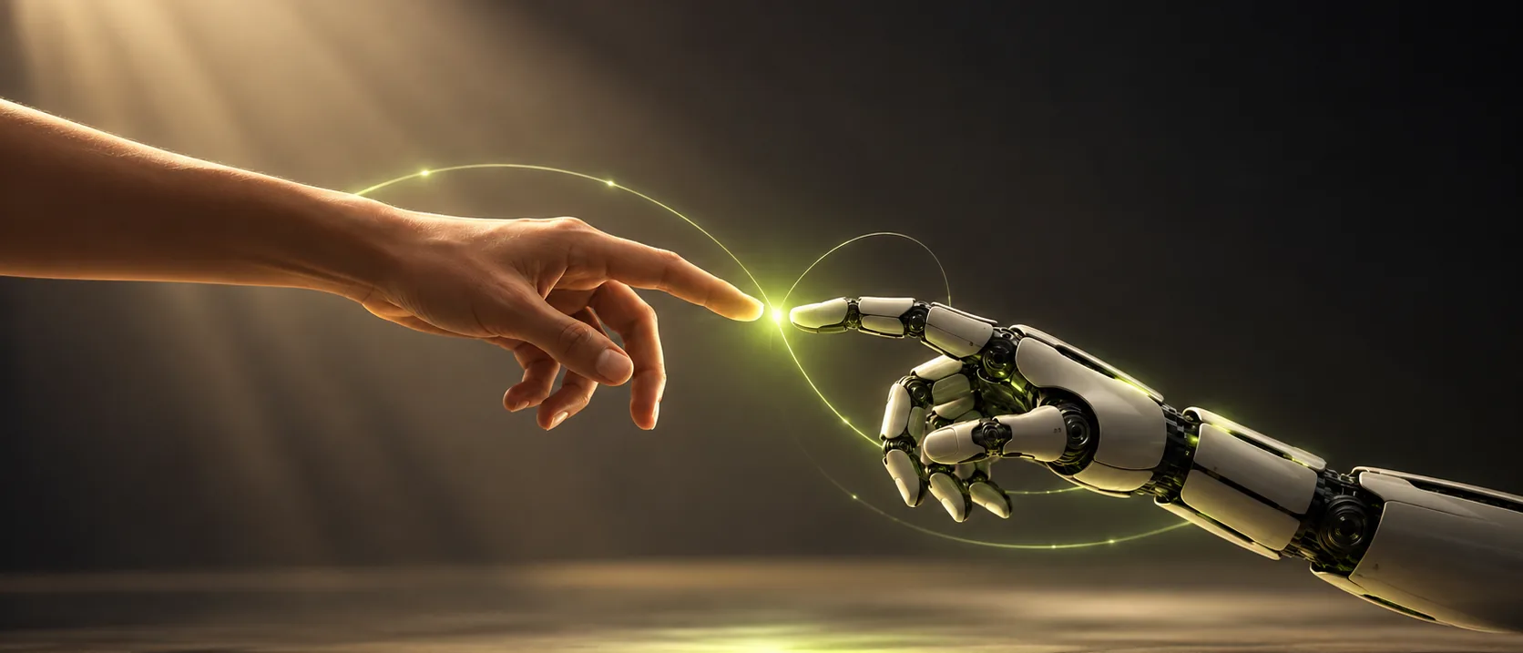 Illustration: a human fingertip and a robotic fingertip about to touch, joined by a thin arc of lime light